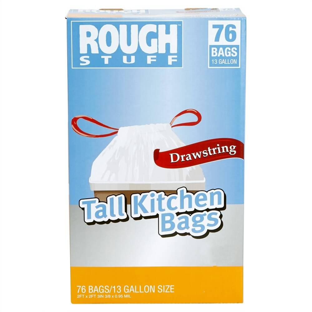 Rough Stuff 13 Gal Tall Kitchen Trash Bags with Drawstring, 76 Count