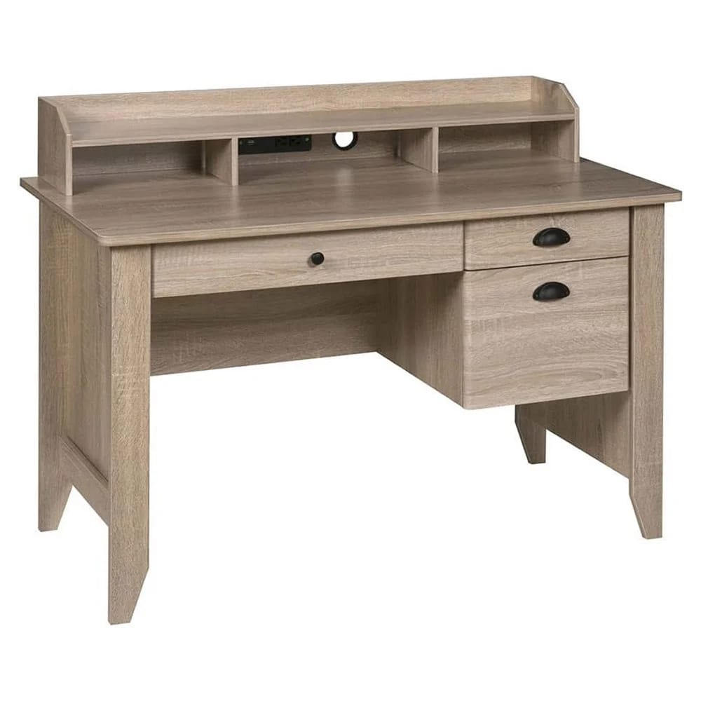 OneSpace Executive Desk with Hutch and USB Charger Hub, Light Oak