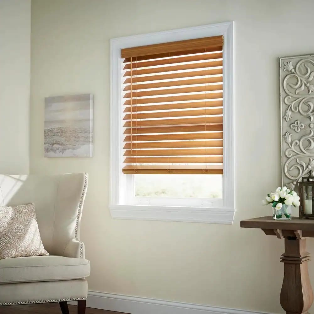 Cordless Premium Faux Wood Blinds with 2.5" Slats, Chestnut, 35" x 64"