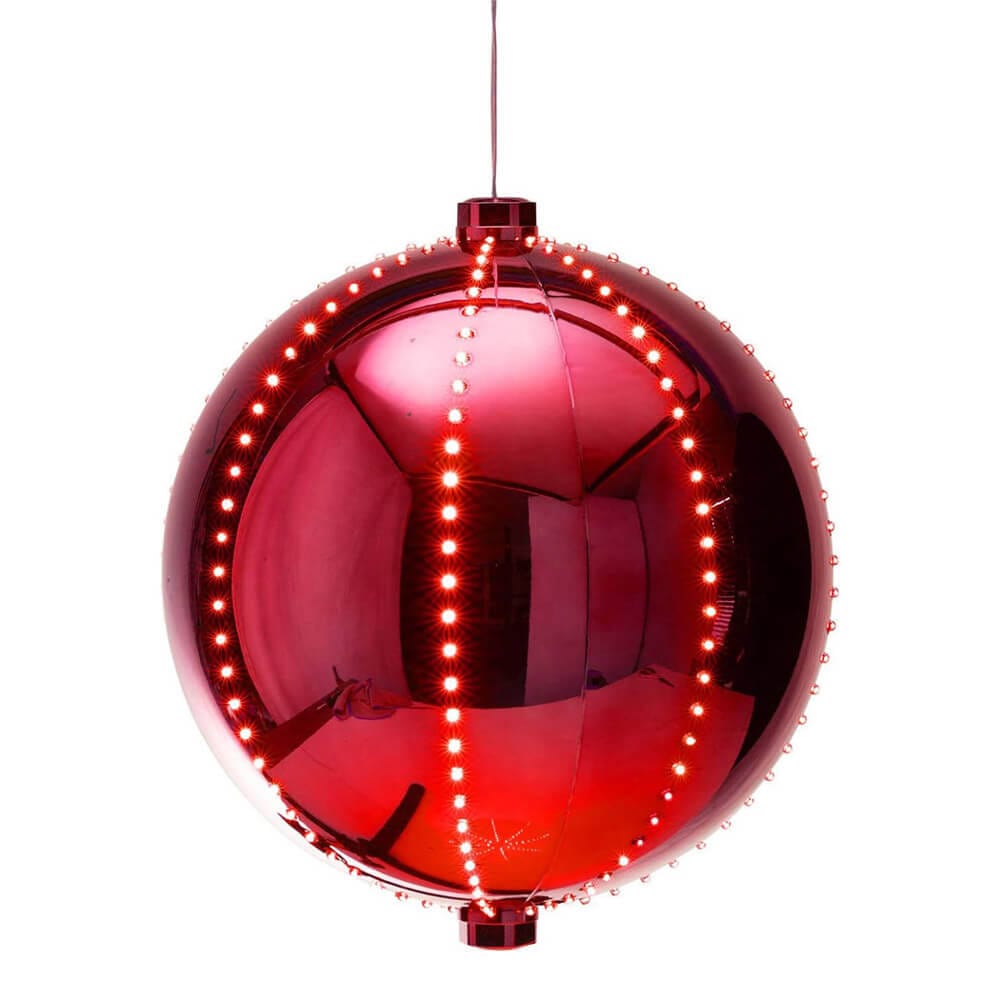 Alpine 13" Large Hanging Christmas Ball Ornament with 240 Warm White Chasing LED Lights & 6 Light Effects, Red