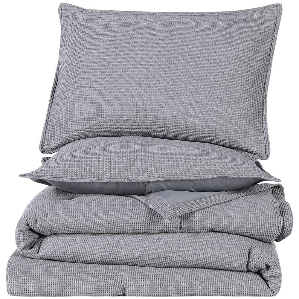 WellBeing by Sunham Waffle Weave 3-Piece Comforter Set, King, Charcoal