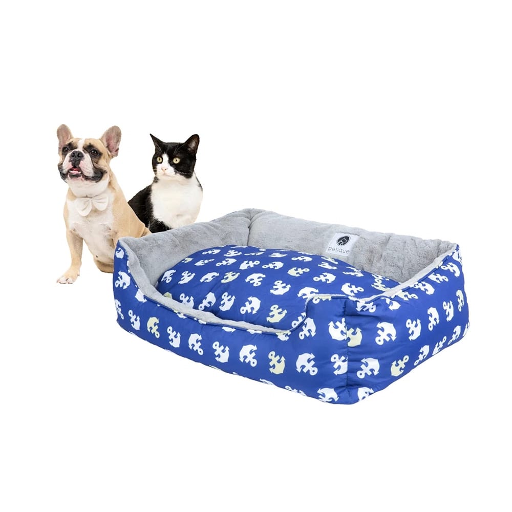 PETIQUE Small Reversible Pet Bed, Gray/ Blue Anchors