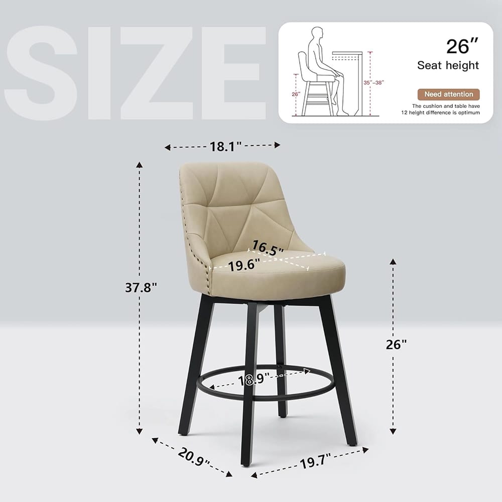 Polarisys 26" Faux Leather Swivel Bar Stool, Beige, Set of 2