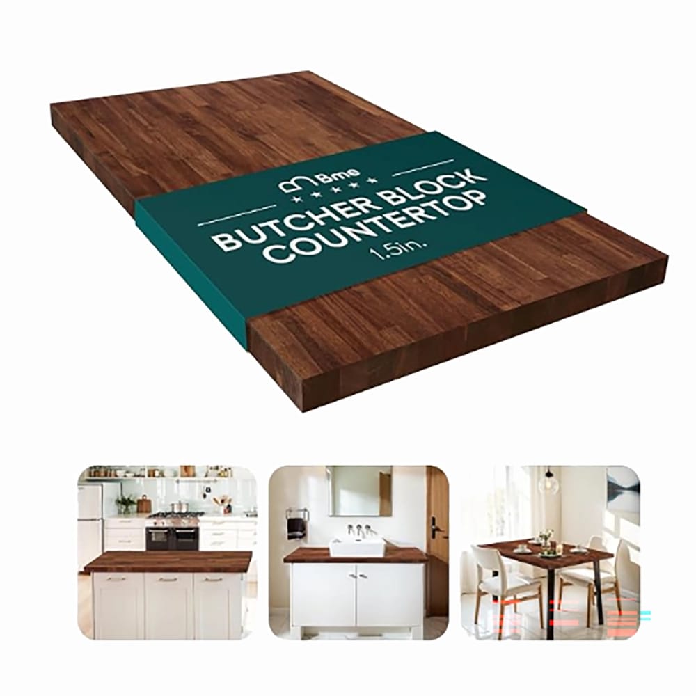 Bme Hevea Solid Wood Butcher Block Table Top, Walnut, 4'