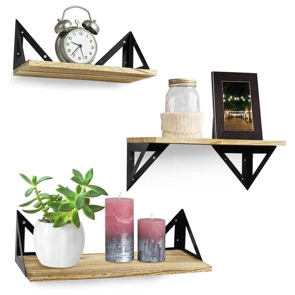 Greenco Wall-Mounted Floating Shelves with Triangle Brackets, Set of 3, Rustic Brown/Black