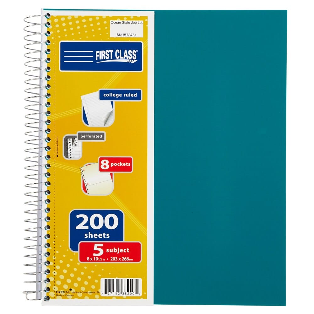 First Class 5 Subject College Ruled Spiral Notebook, 200 Sheet