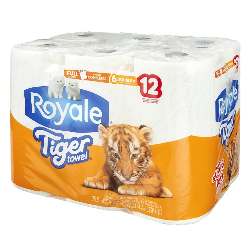 Royale Tiger Towel 2-Ply Double Paper Towel Rolls, 6 Pack