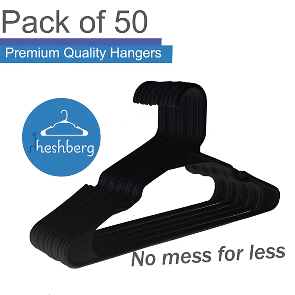 Heshberg Notched Plastic Hangers, Black, 50 Pack