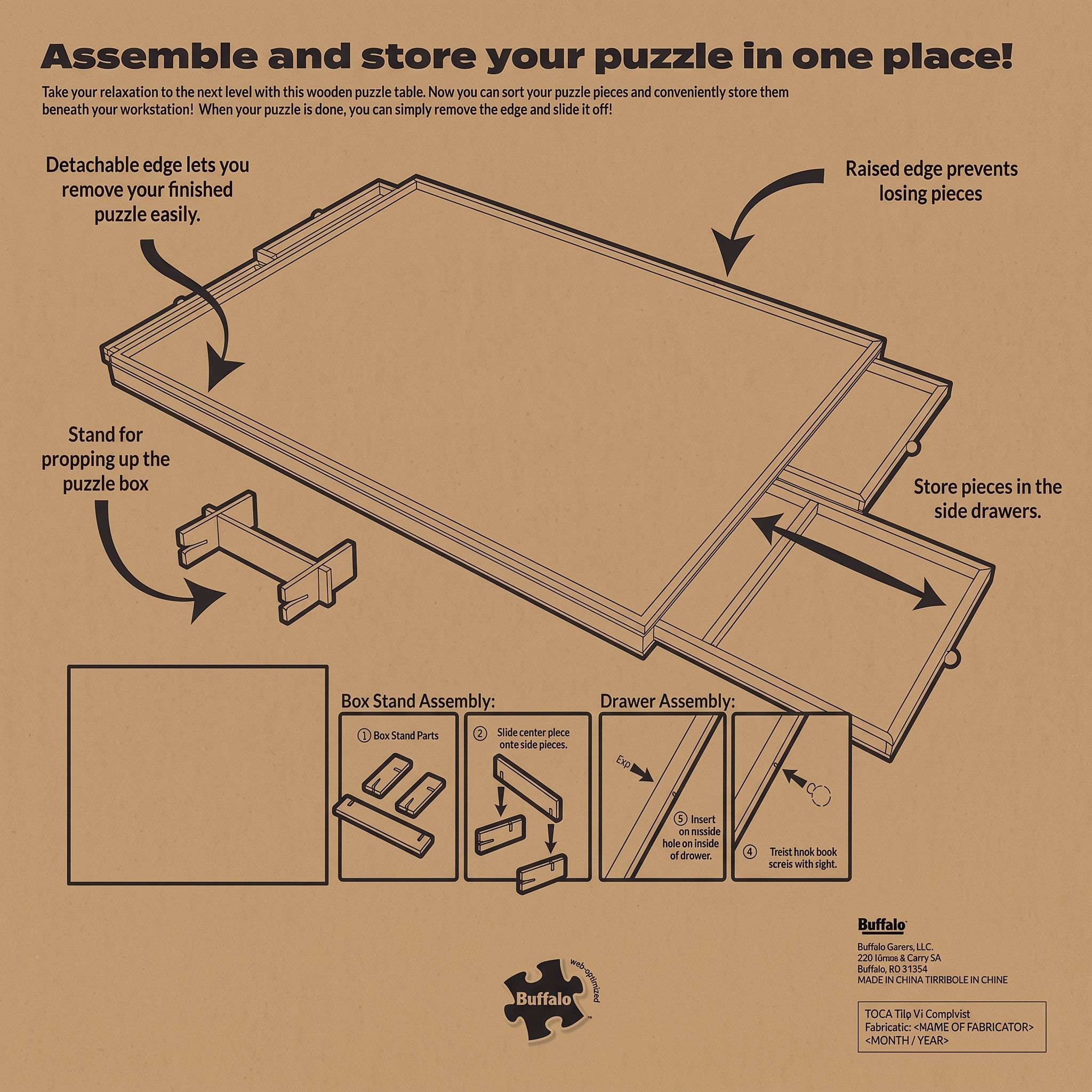 Wooden Puzzle Table with Drawers, 1,000 Piece Size
