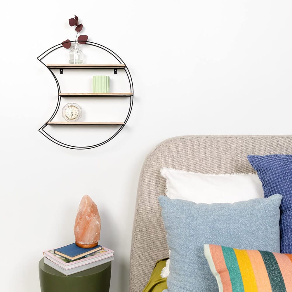 Greenco 3-Tier Geometric Moon-Shaped Floating Shelf, Natural/Black