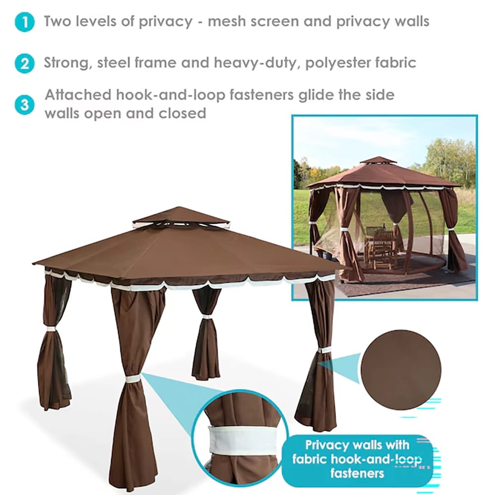 Sunnydaze 9.2' x 9.2' Soft Top Patio Gazebo with Screens and Privacy Walls, Brown