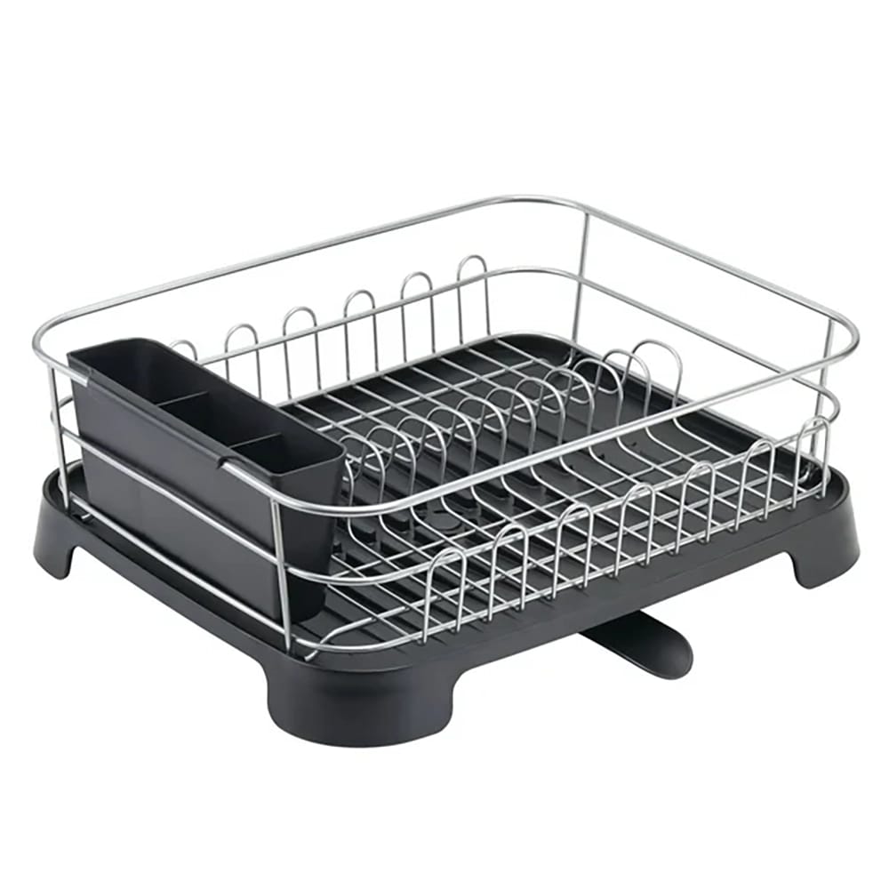 mDesign Dish Drying Rack Holder with Swivel Spout, Silver/Black
