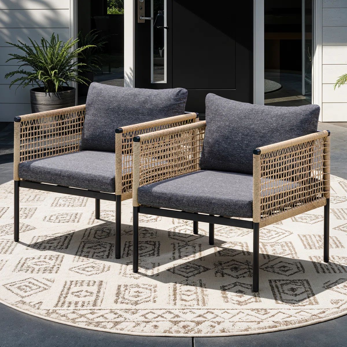 Idzo 2-Piece Oscar Wicker Mix Metal Lounge Chairs, Tan/Gray