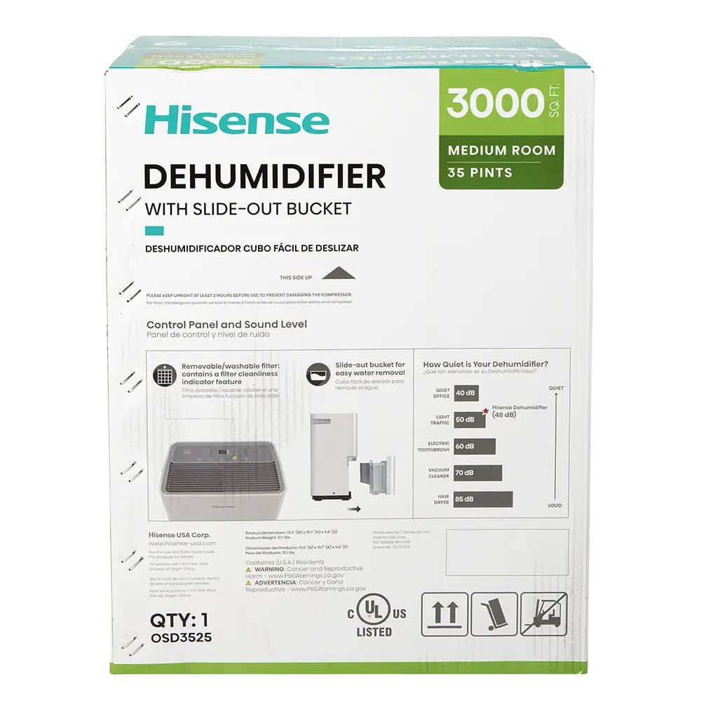 Hisense Energy Star 35 Pint 3-Speed Dehumidifier, White