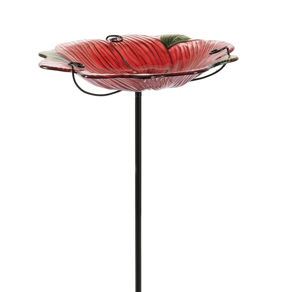 Glass Flower Bird Bath, Red, 12"
