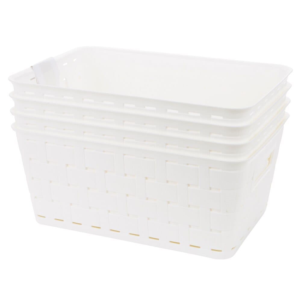 Small Plastic White Storage Baskets with Handles, 4-Count