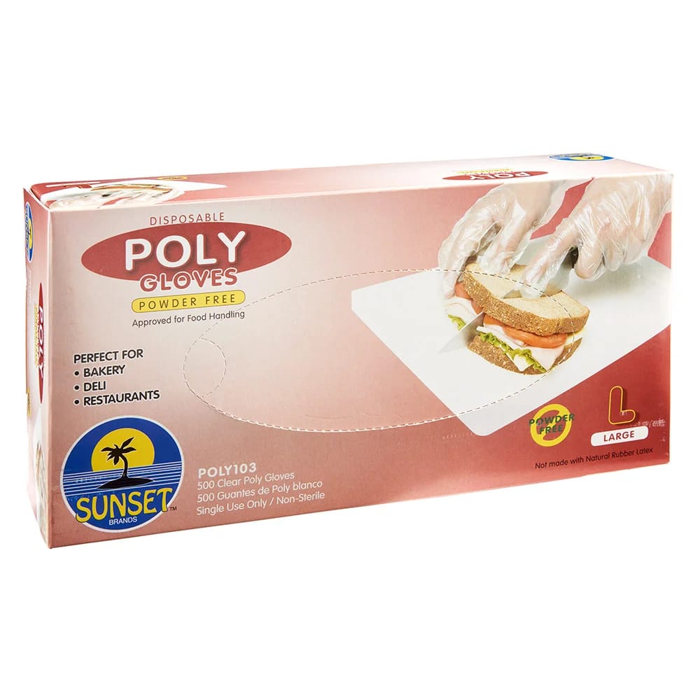 Sunset Brands Disposable Poly Food Service L Gloves, 500 ct, 10-Pack