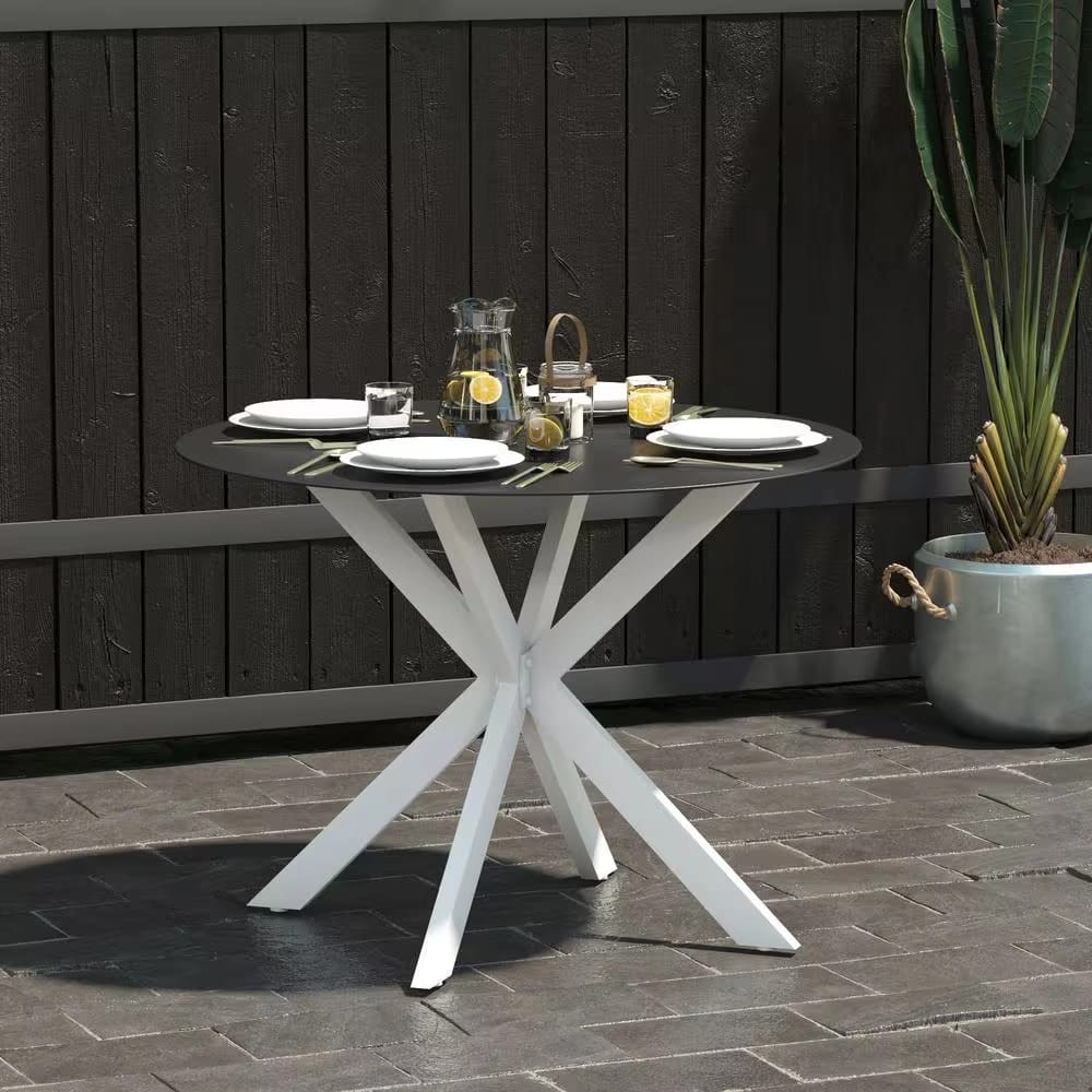 36" Round Metal Outdoor Dining Table with Glass Top, Black/White
