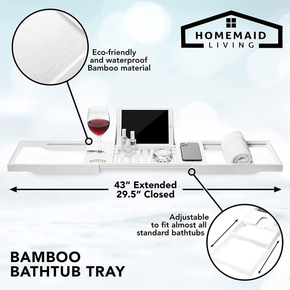 Homemaid Living Luxury Expandable Bamboo Bathtub Tray, White