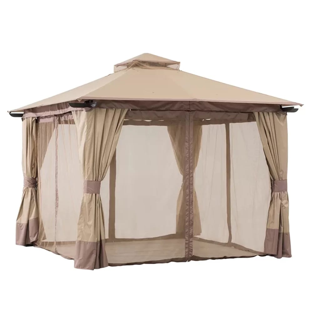 Sunjoy Aluminum Frame 2-Tier Steel Soft Top Gazebo, 12' x 12', Beige/Brown