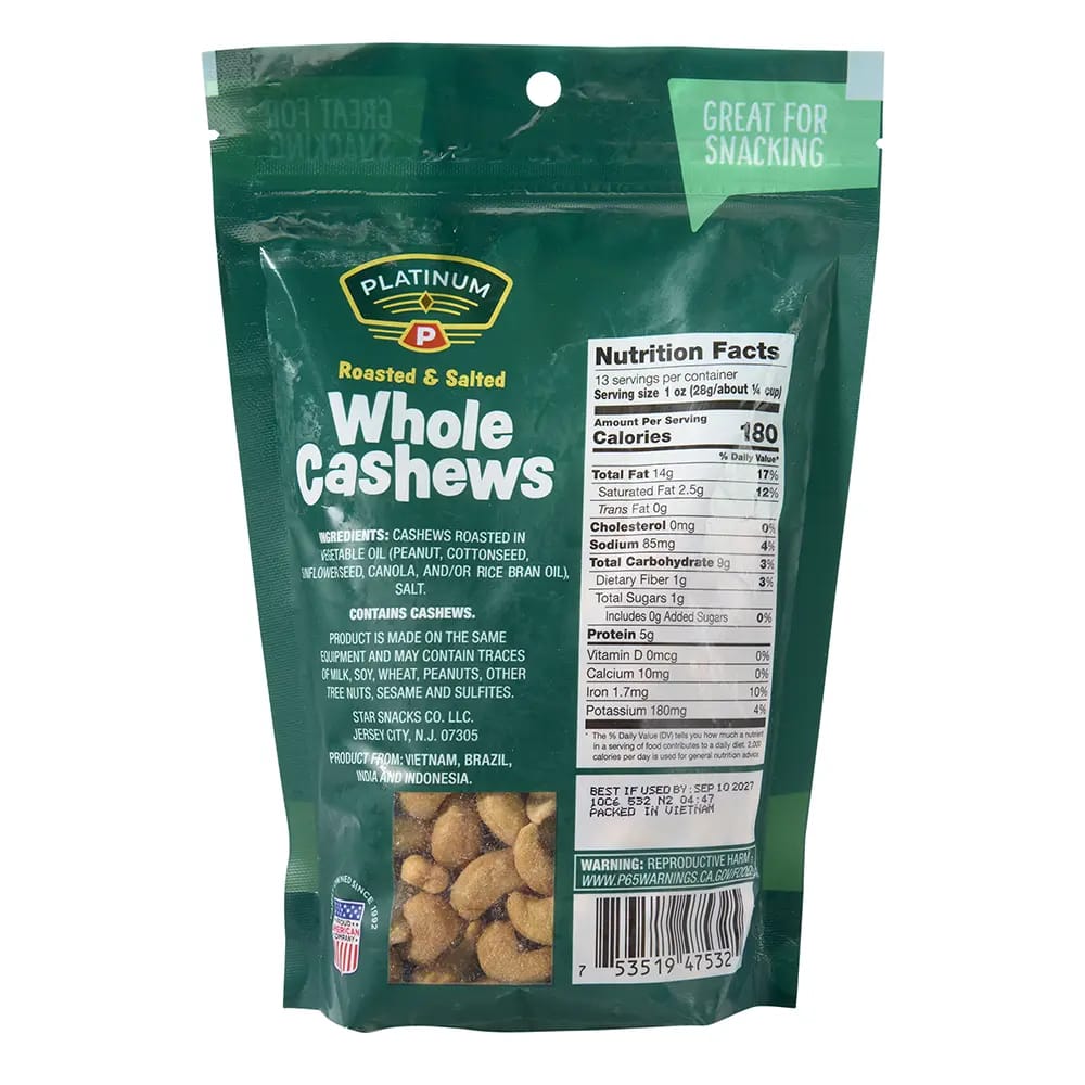 Platinum Roasted & Salted Whole Cashews, 13 oz