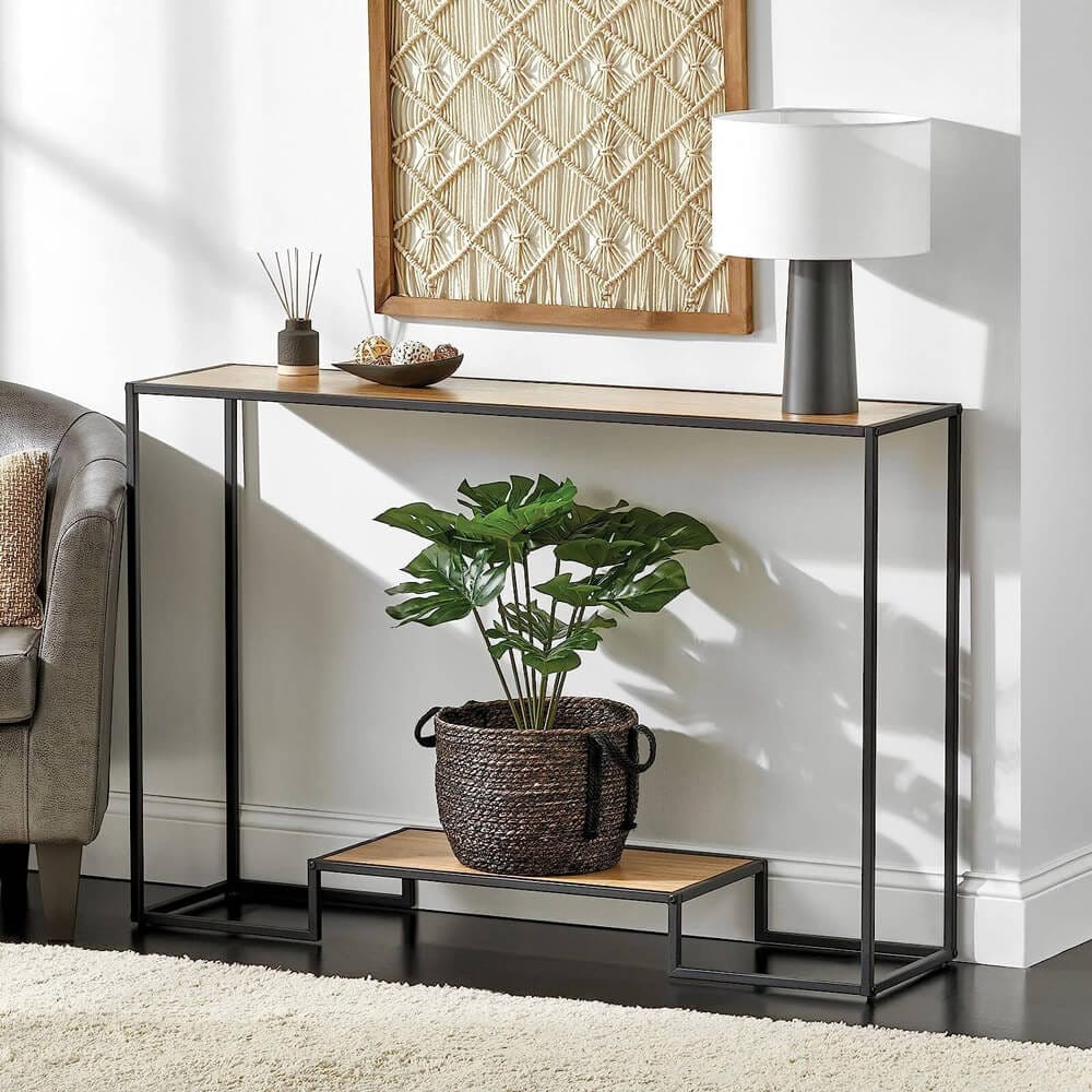 mDesign Modern Wood Inlay Console Table with Bottom Shelf, Black/Nordic Walnut