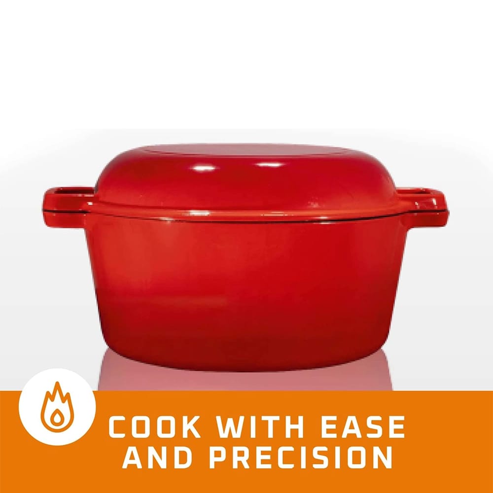 Bruntmor 5 Quart 2-in-1 Cast Iron Dutch Oven with Handles, Red