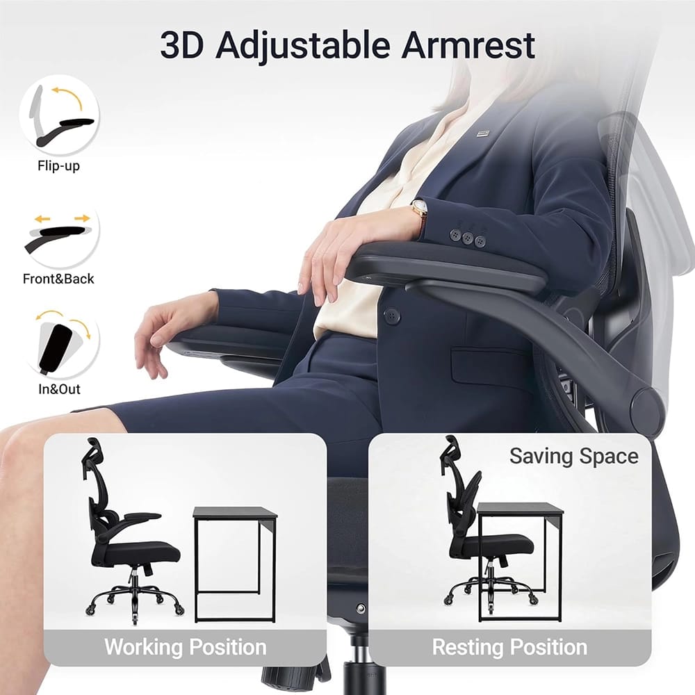 FAMSINGO Ergonomic Mesh Back Office Chair with Flip up Armrests, Black