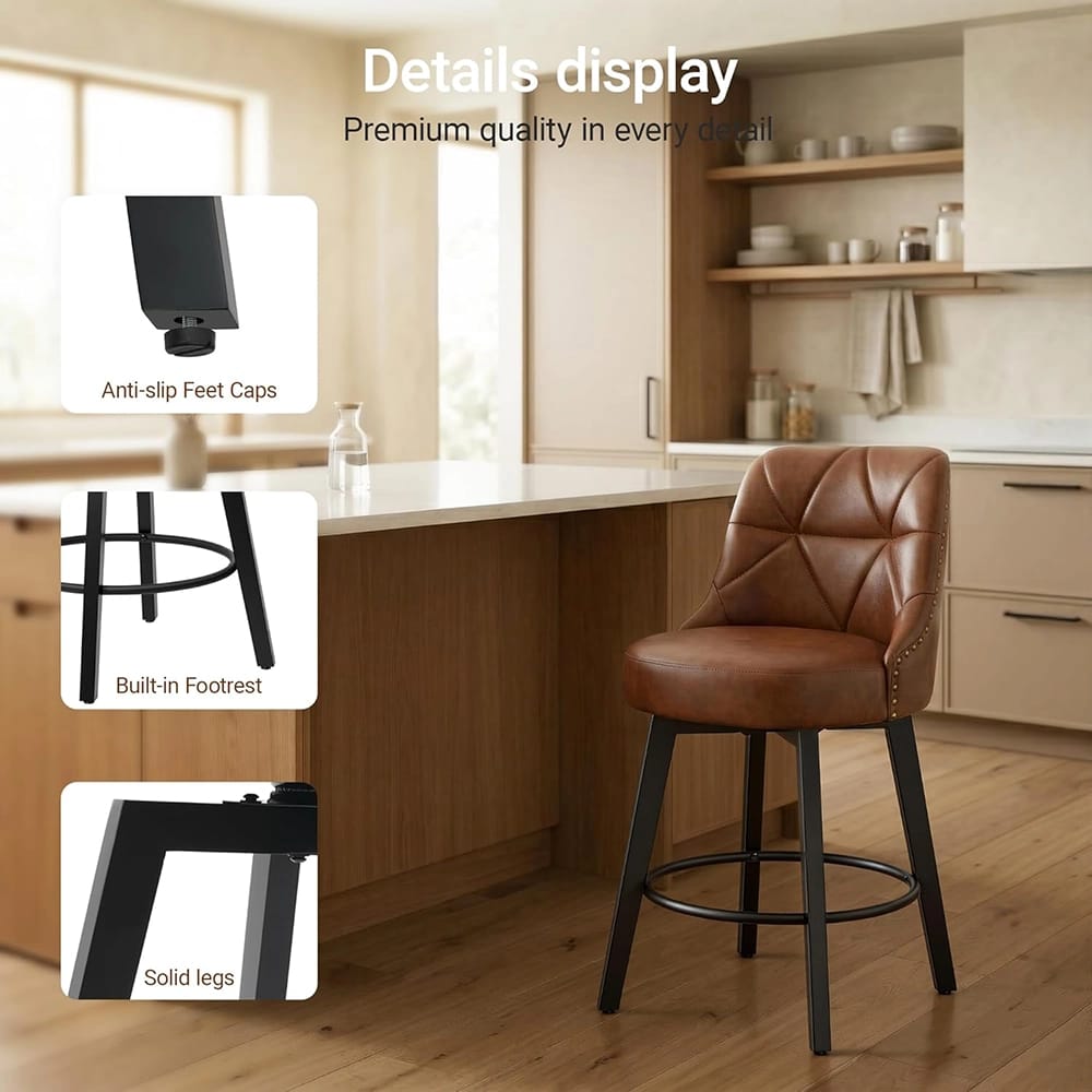 Polarisys 26" Faux Leather Swivel Bar Stool, Brown, Set of 2