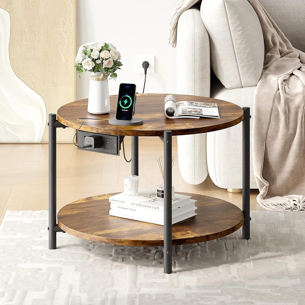 LIKIMIO 23.6" Double-Tiered Round End Tables with Charging Station, Brown, 2 Count