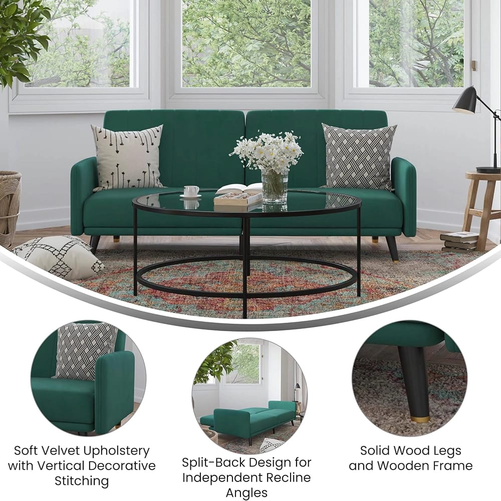 Convertible Split Back Velvet Futon, Emerald