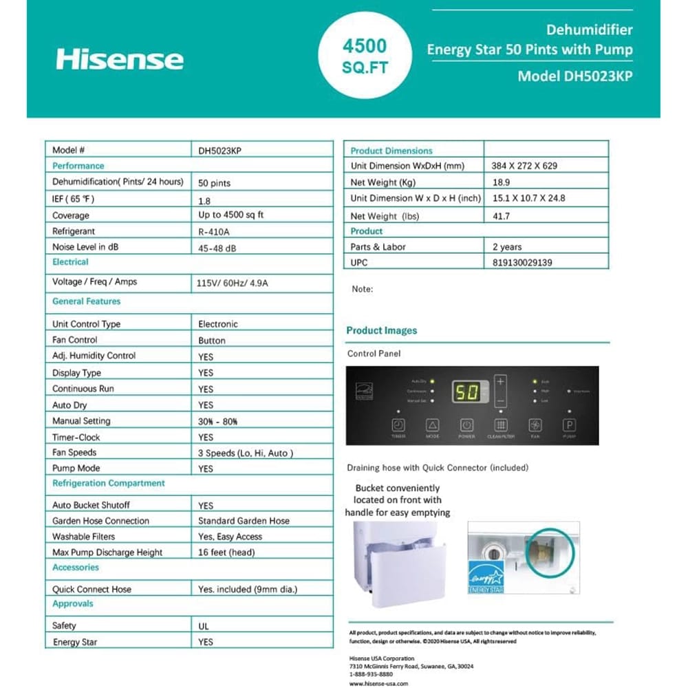 Hisense 50 Pint 3-Speed Dehumidifier with Built In Pump, White