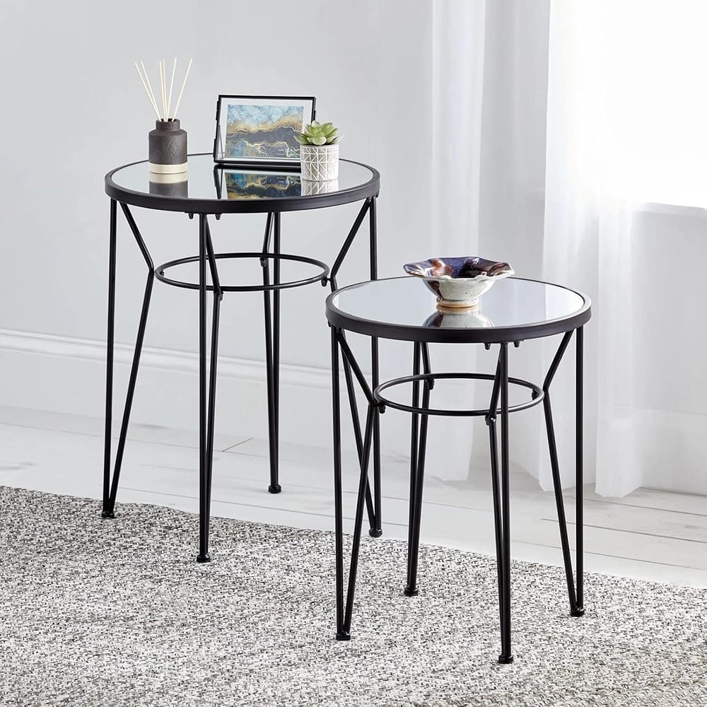 mDesign Round Metal Accent Table with Hairpin Legs, Set of 2, Matte Black