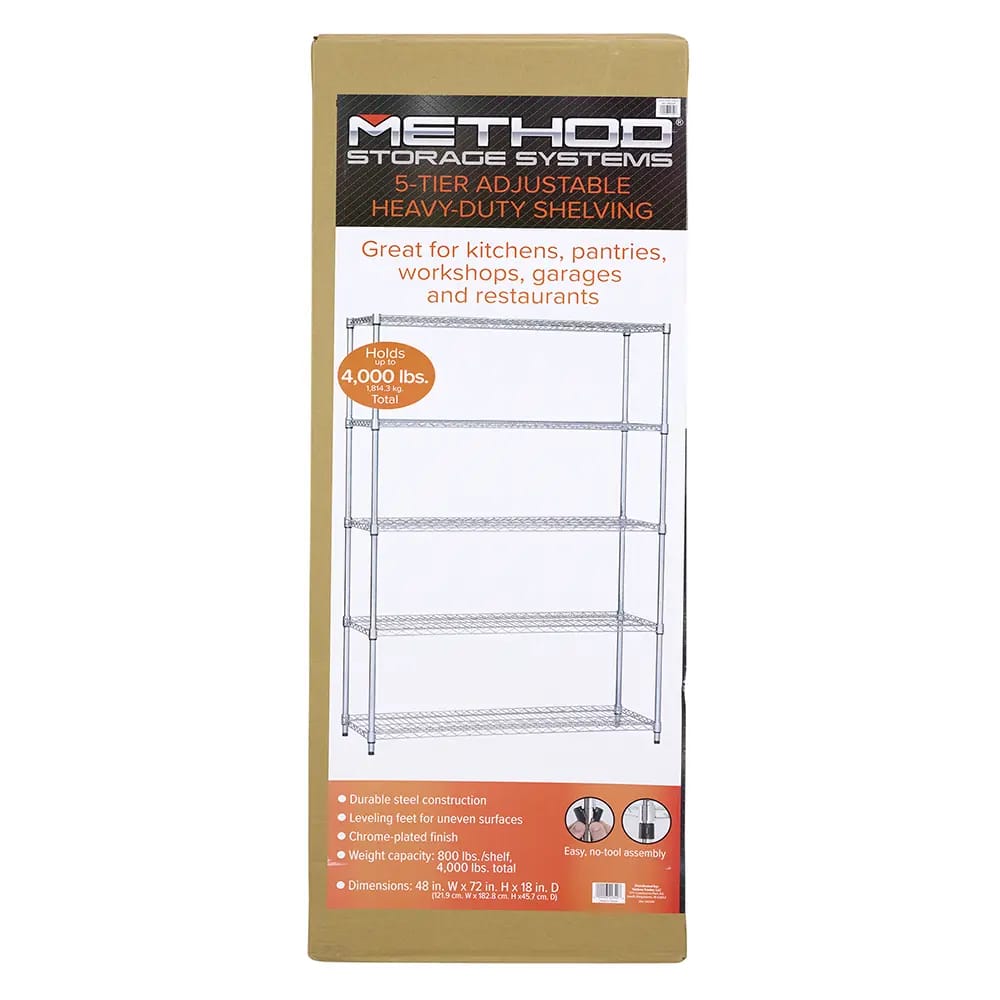 Method Storage Systems 5-Tier Adjustable Heavy-Duty Shelving, Chrome, 48" W x 18" D x 72" H