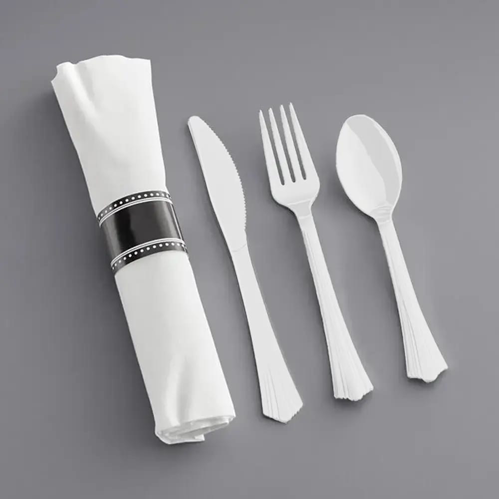 Greenables Compostable Pre-Rolled Cutlery Set, White, 100 Pack