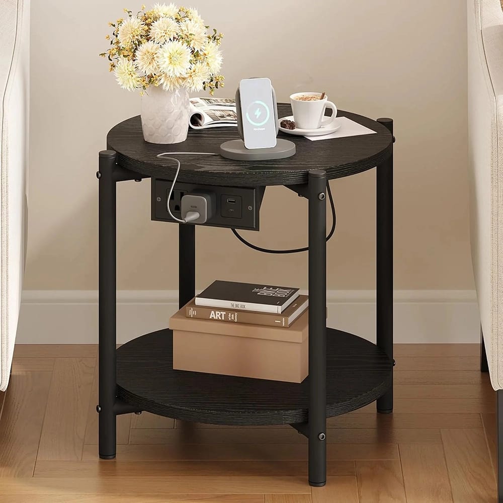 LIKIMIO 15.8" Double-Tiered Round End Tables with Charging Station, Black