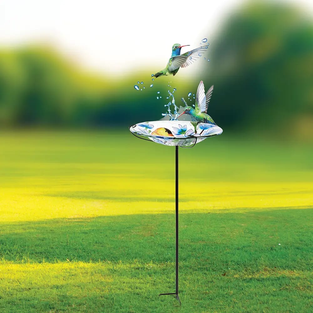 Glass Gold Finch & Flowers Bird Bath, 12"