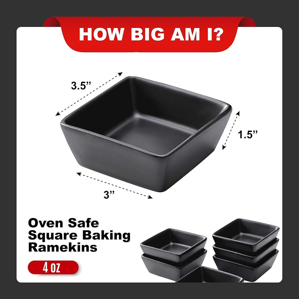 Bruntmor Ceramic Square Baking Ramekins, Black, Set of 6