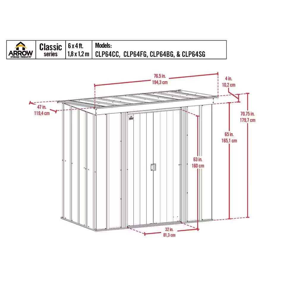 Arrow 6' x 4' Classic Galvanized Steel Metal Storage Shed, Sage