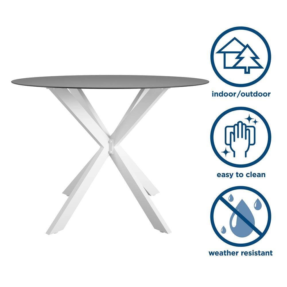36" Round Metal Outdoor Dining Table with Glass Top, Black/White