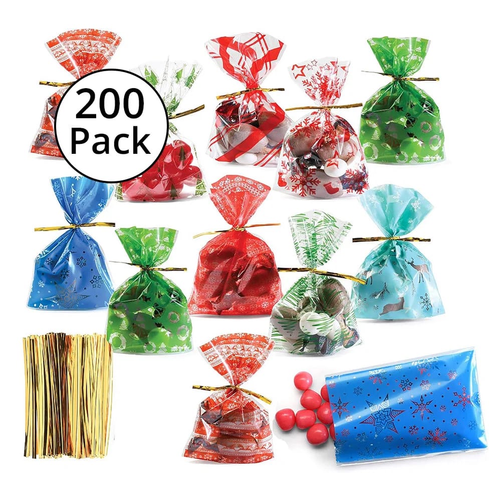 Prextex Christmas Themed Cellophane Bags with Gold Ties, 200 Pack