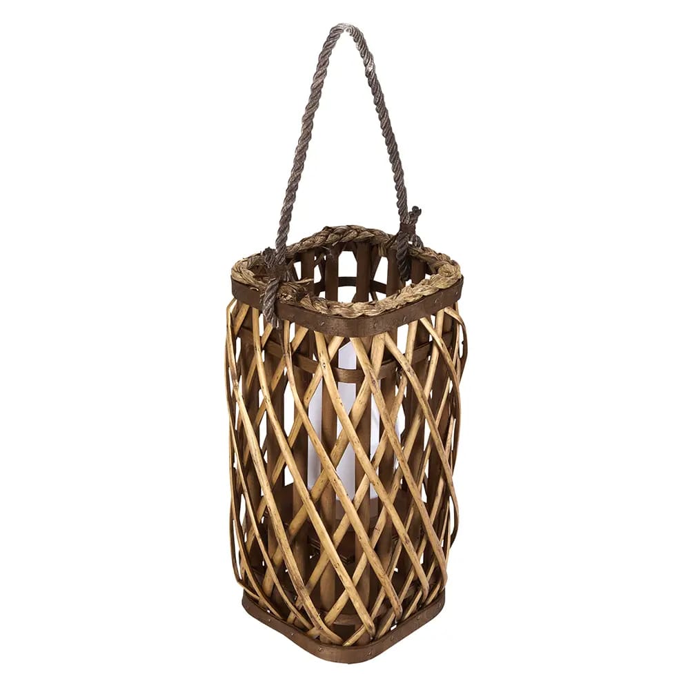 Barbara King Square Wicker Lantern With Remote, Caramel, 12"