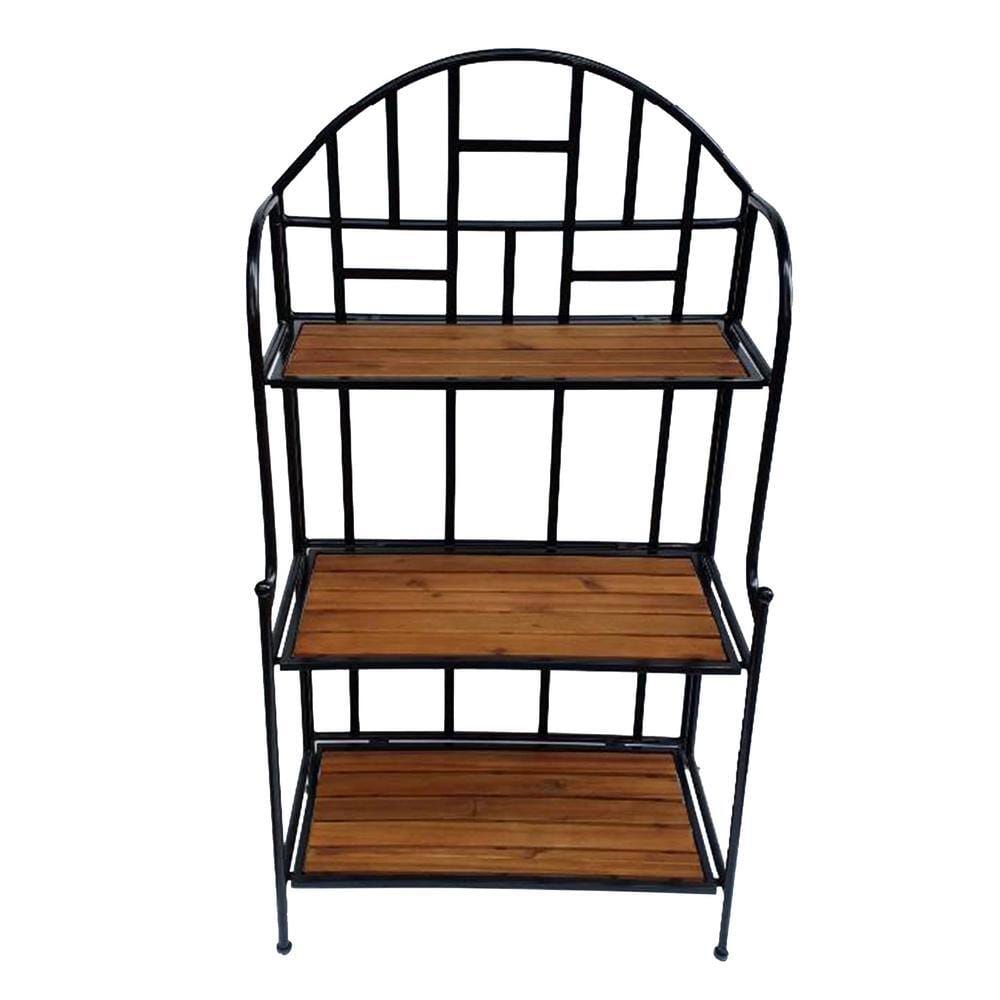 TK Classics 3-Tier Outdoor Folding Metal Plant Stand with Acacia Shelves