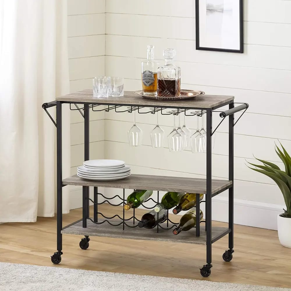 South Shore Munich Bar Cart with Wine Rack, Weathered Oak/Black