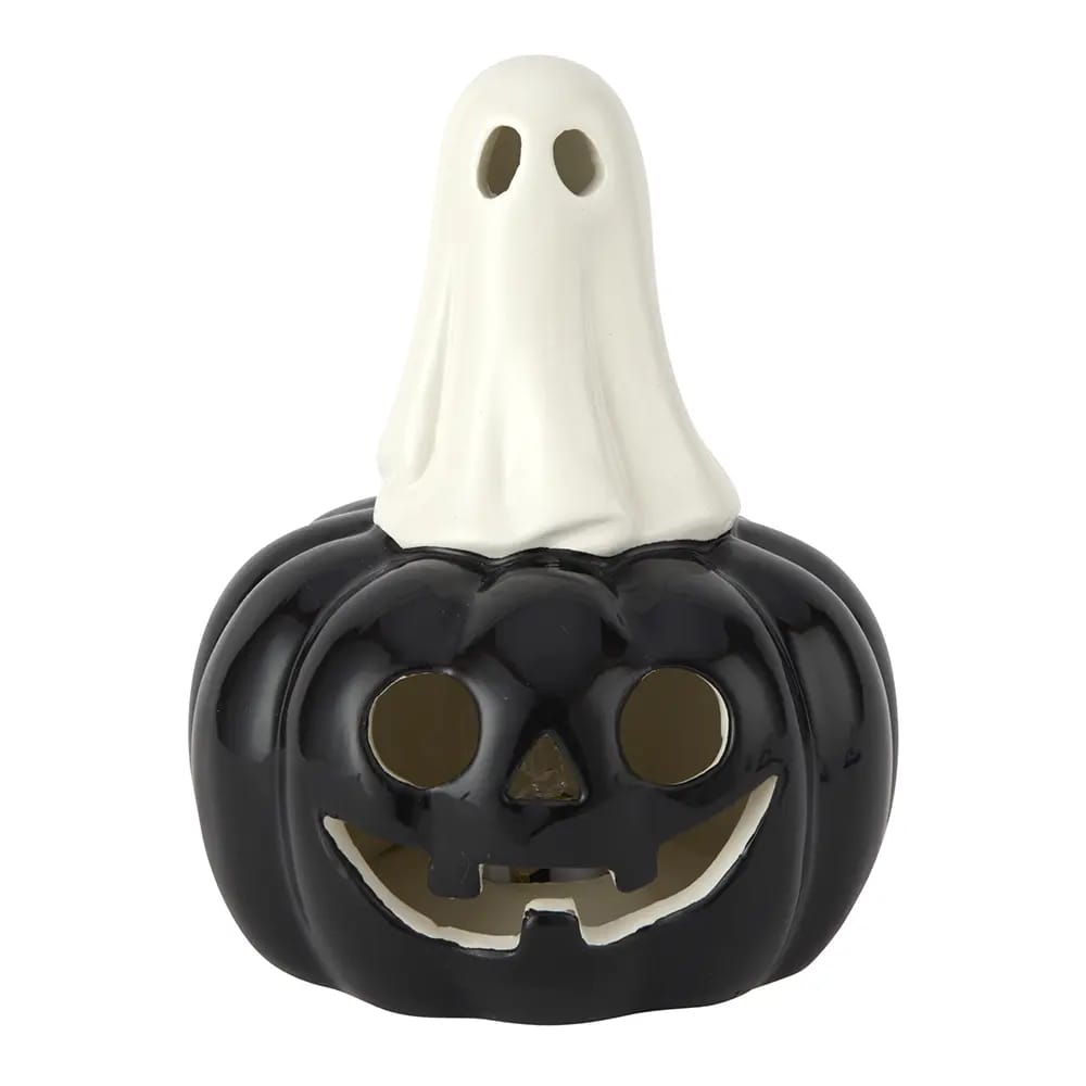 Color-Changing LED Ceramic Pumpkin with Ghost On Top, 5"