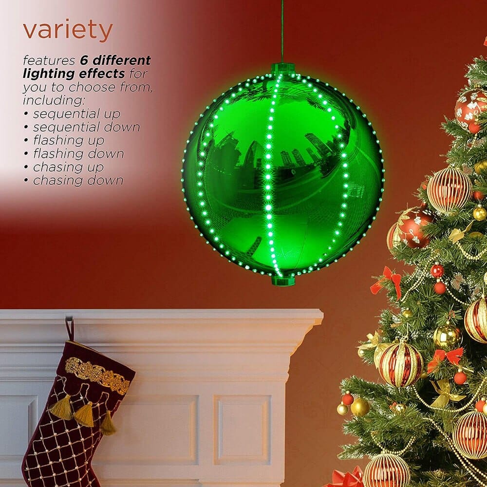 Alpine 13" Large Hanging Christmas Ball Ornament with 240 Warm White Chasing LED Lights & 6 Light Effects, Green