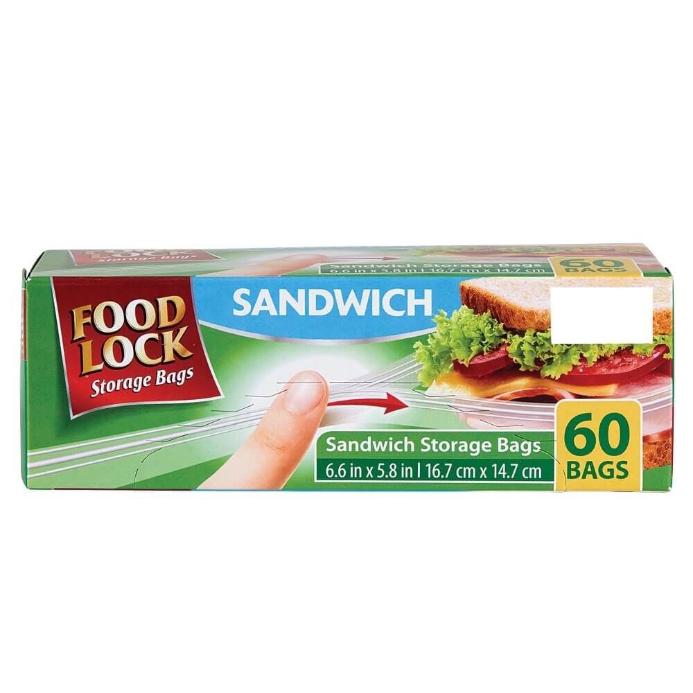 Food Lock Zip Close Sandwich Storage Bags, 60 Count