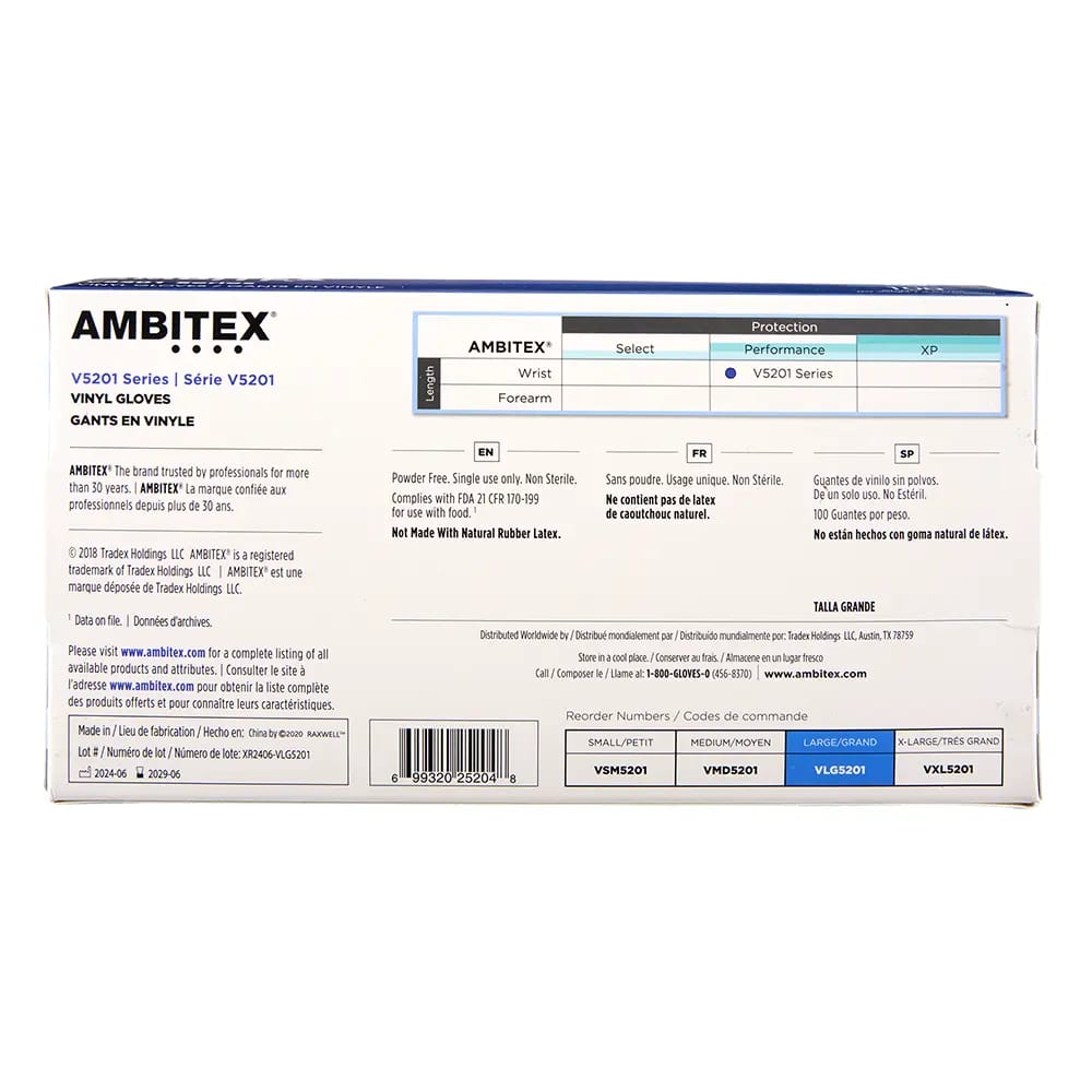 Ambitex Vinyl Gloves Large, 100ct.