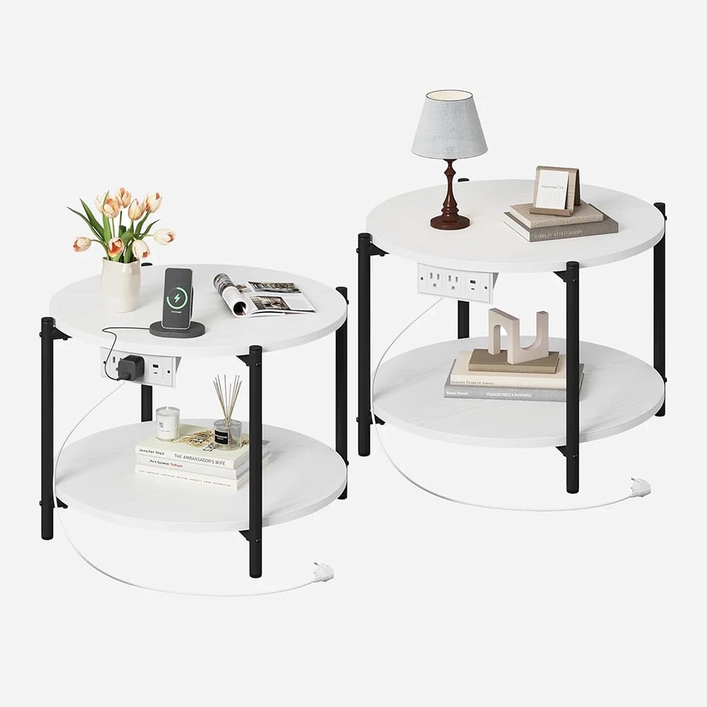 LIKIMIO 23.6" Double-Tiered Round End Tables with Charging Station, White, 2 Count