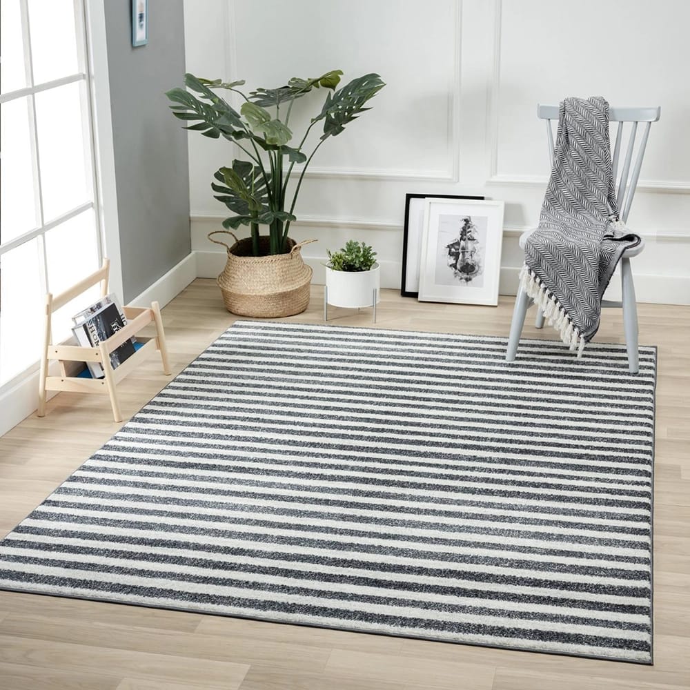 Daphnes 8'6" x 12'5" Contemporary Striped Area Rug, Dark Gray/Cream